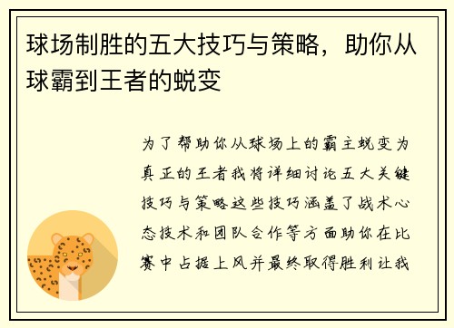 球场制胜的五大技巧与策略，助你从球霸到王者的蜕变